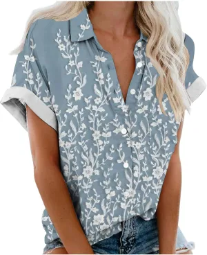 Women's Button Down Shirts Trendy V Neck Boho Tops Short Sleeve Plus Size Summer Tunic Casual Loose Floral Blouses