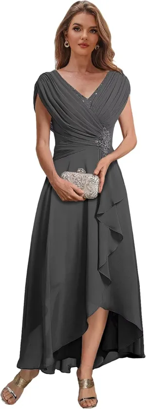 Women's Cap Sleeves Mother of The Bride Dresses for Wedding Tea Length Formal Dress High Low Evening Gown