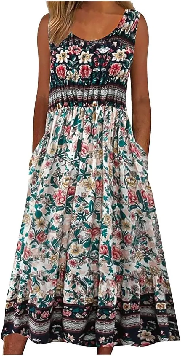 Womens Casual Summer Dresses Loose Floral Boho Sundresses Sleeveless Midi Flowy Beach Vacation Tank Dress with Pockets