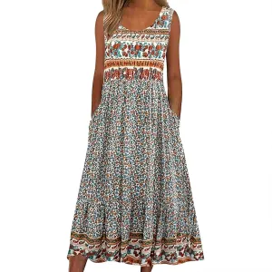 Womens Casual Summer Dresses Loose Floral Boho Sundresses Sleeveless Midi Flowy Beach Vacation Tank Dress with Pockets
