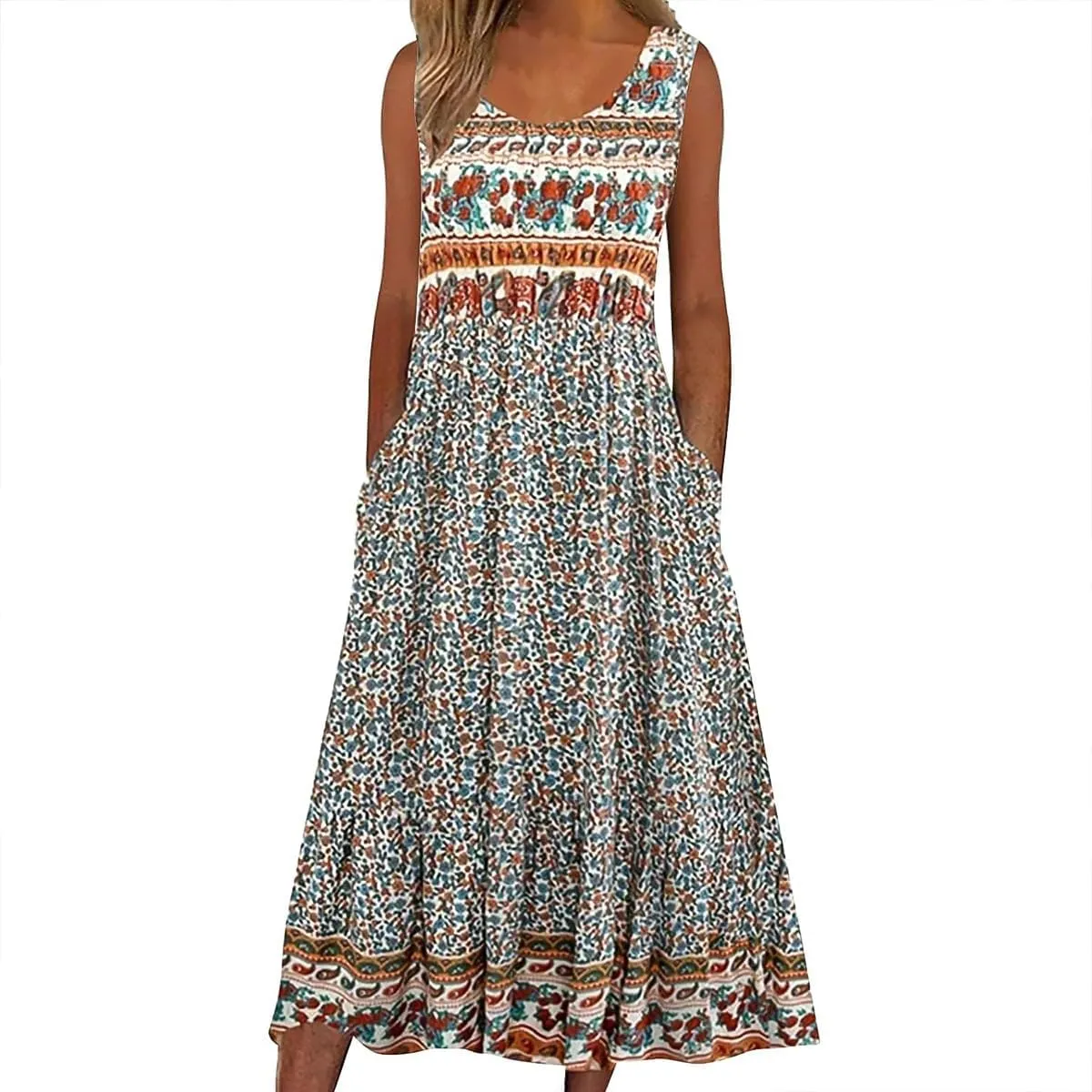 Womens Casual Summer Dresses Loose Floral Boho Sundresses Sleeveless Midi Flowy Beach Vacation Tank Dress with Pockets