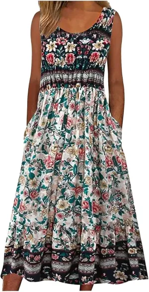 Womens Casual Summer Dresses Loose Floral Boho Sundresses Sleeveless Midi Flowy Beach Vacation Tank Dress with Pockets