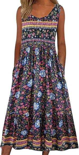 Womens Casual Summer Dresses Loose Floral Boho Sundresses Sleeveless Midi Flowy Beach Vacation Tank Dress with Pockets