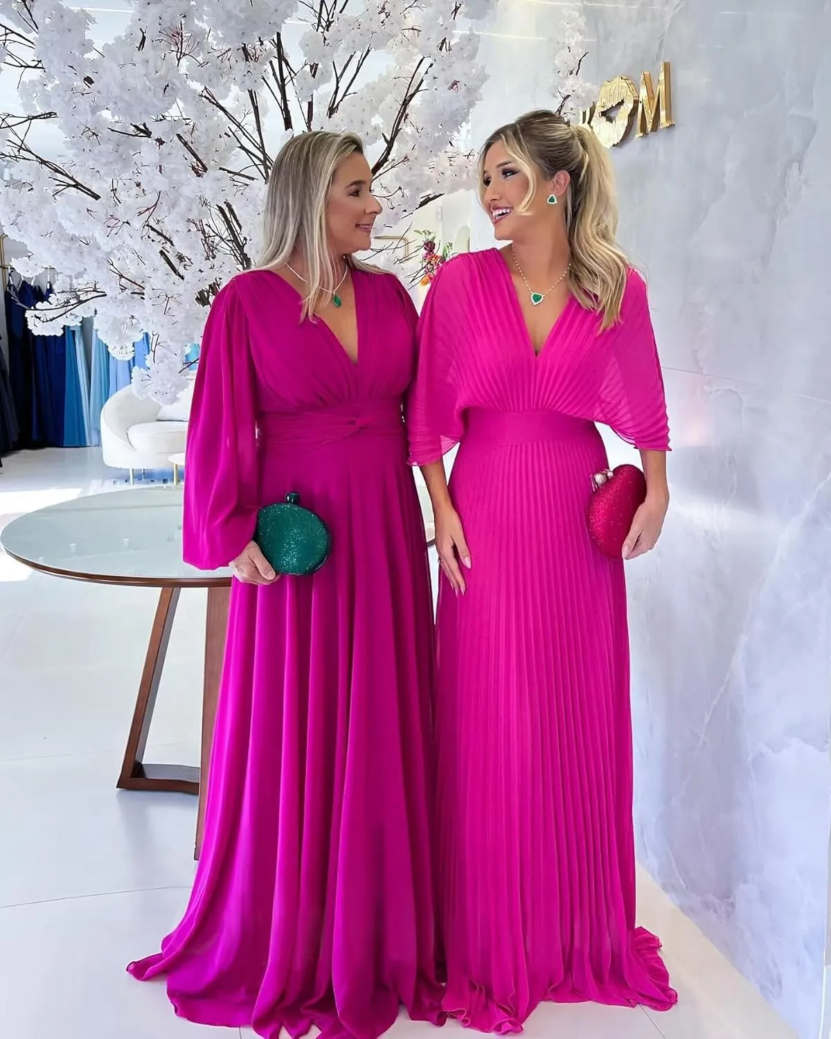 Women's Chiffon Evening Formal Dresses Long V Neck Pleated Batwing Sleeves Mother of The Bride Dress