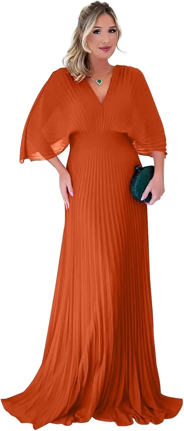 Women's Chiffon Evening Formal Dresses Long V Neck Pleated Batwing Sleeves Mother of The Bride Dress