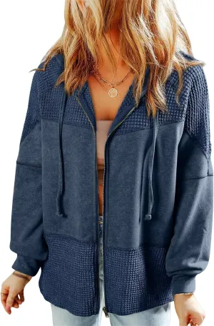 Women's Drawstring Waffle Hoodies Oversized Zip Up Patchwork Jackets Fall Casual Long Sleeve Vintage Outwear Coats