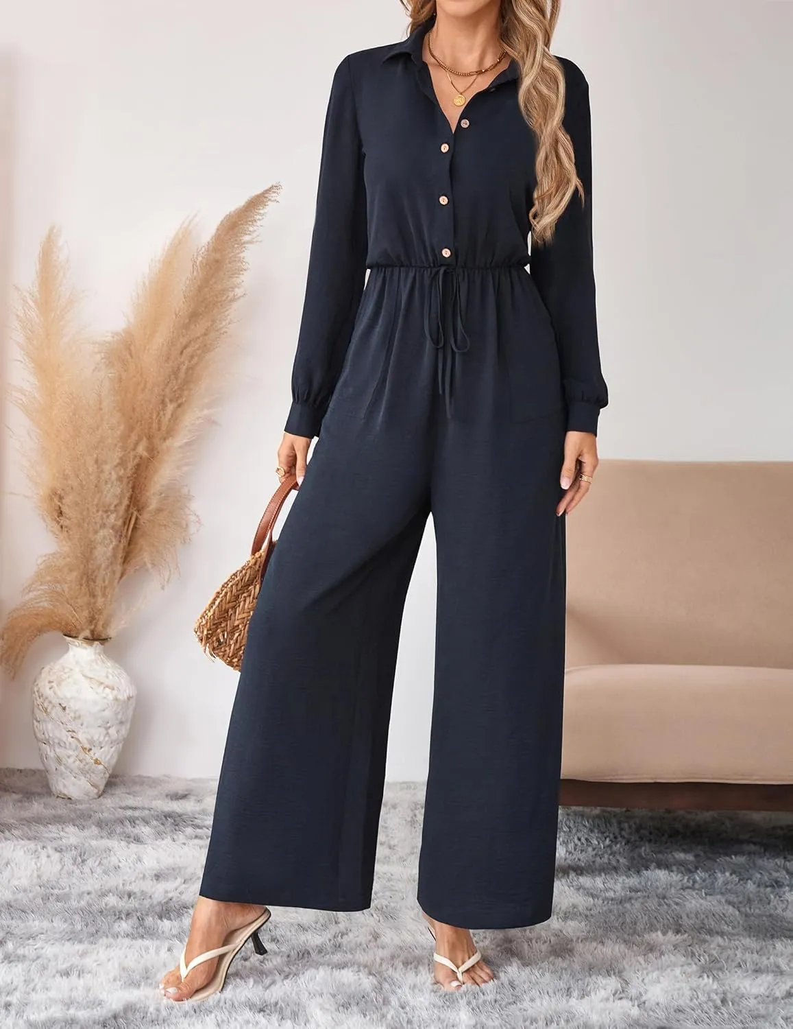 Womens Dressy Jumpsuits Casual One Piece Outfit Button Long Sleeve Wrap Drawstring Waist Wide Leg Long Pants Romper
