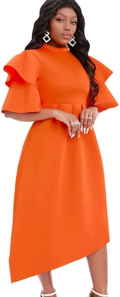Women's Elegant Bell Sleeve Cocktail Party Dresses for Wedding Guest Fit and Flare Modest Church Midi Evening Dress