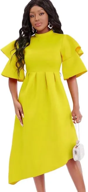 Women's Elegant Bell Sleeve Cocktail Party Dresses for Wedding Guest Fit and Flare Modest Church Midi Evening Dress