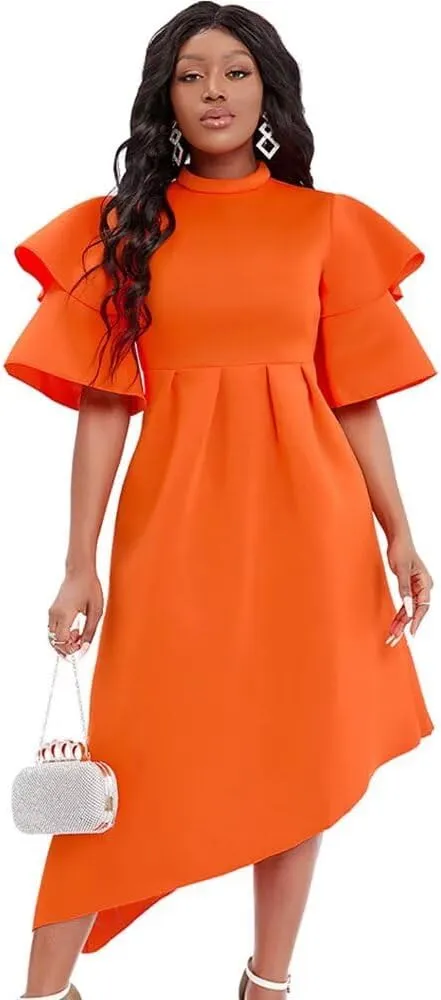 Women's Elegant Bell Sleeve Cocktail Party Dresses for Wedding Guest Fit and Flare Modest Church Midi Evening Dress
