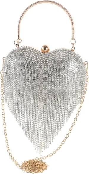 Women's Evening Clutch Bag Tassel Love Bag Heart Shape Sparkling Embellishments Versatile Occasion Purse Detachable Chain