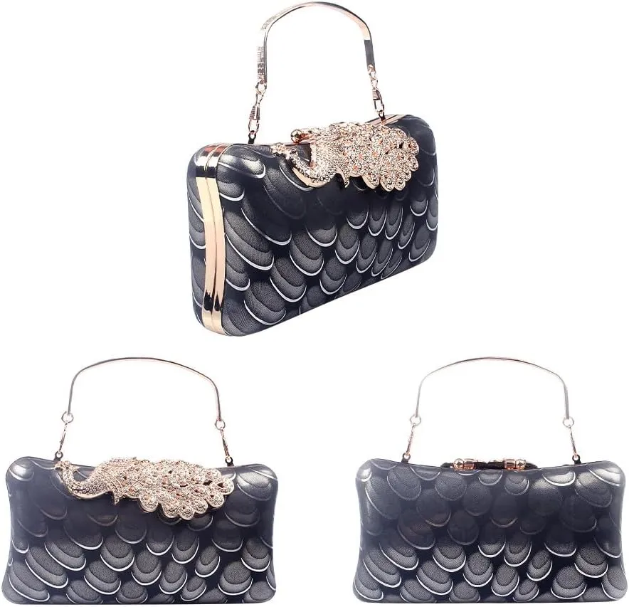 Women's Evening Handbags Peacock Print and Closure Women's Clutch Handbags Ladies Purses for Bridal Wedding Party Black
