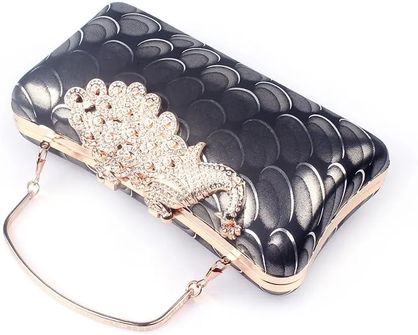 Women's Evening Handbags Peacock Print and Closure Women's Clutch Handbags Ladies Purses for Bridal Wedding Party Black