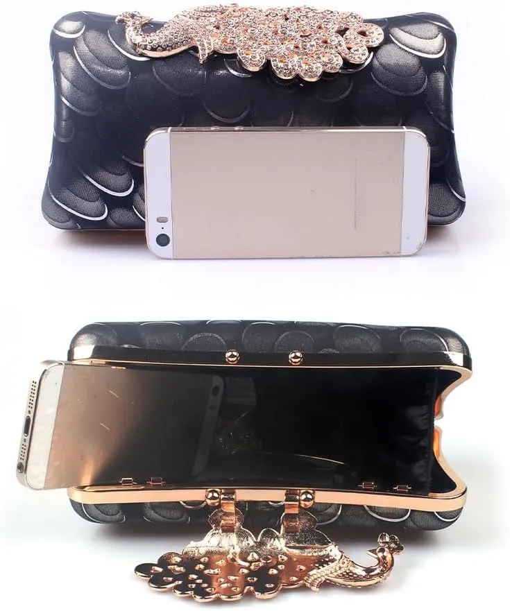 Women's Evening Handbags Peacock Print and Closure Women's Clutch Handbags Ladies Purses for Bridal Wedding Party Black