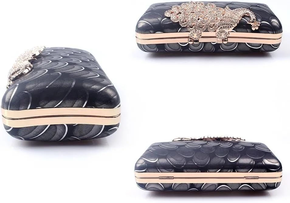 Women's Evening Handbags Peacock Print and Closure Women's Clutch Handbags Ladies Purses for Bridal Wedding Party Black