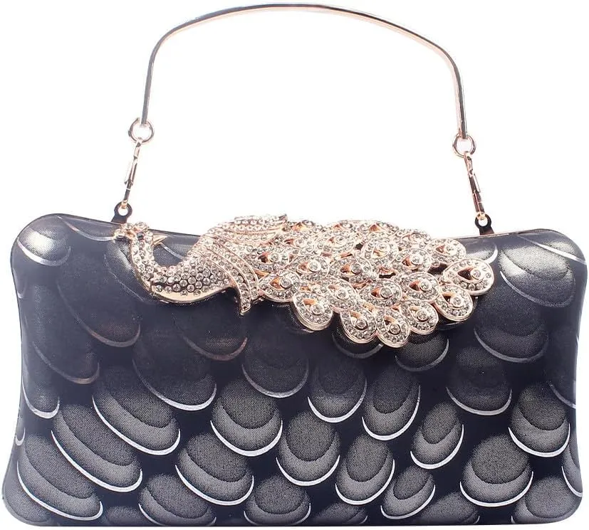 Women's Evening Handbags Peacock Print and Closure Women's Clutch Handbags Ladies Purses for Bridal Wedding Party Black