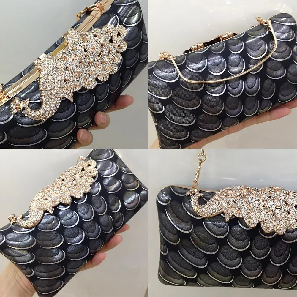 Women's Evening Handbags Peacock Print and Closure Women's Clutch Handbags Ladies Purses for Bridal Wedding Party Black