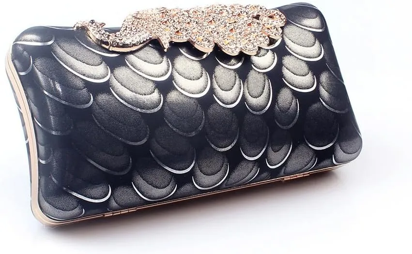 Women's Evening Handbags Peacock Print and Closure Women's Clutch Handbags Ladies Purses for Bridal Wedding Party Black