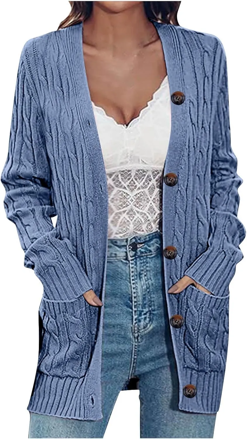 Womens Fall Jacket Plus Size V Neck Knit Sweaters Button Down Long Sleeve Cardigan Winter Coats with Pockets