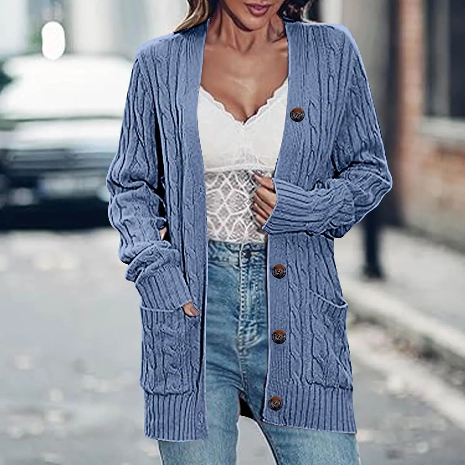 Womens Fall Jacket Plus Size V Neck Knit Sweaters Button Down Long Sleeve Cardigan Winter Coats with Pockets