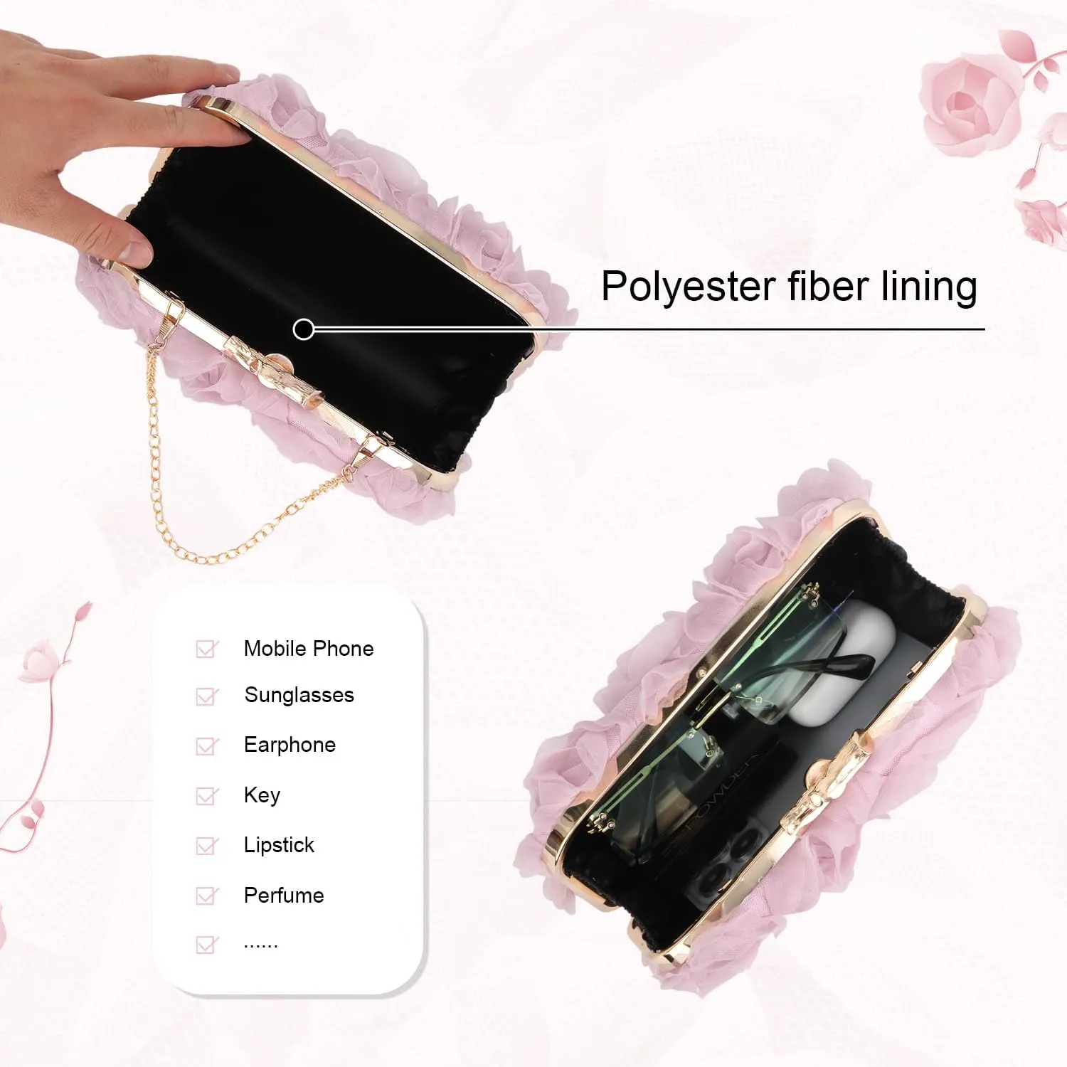 Women's Lace Floral Clutch Purses Formal Flower Evening Handbags with Chain for Wedding, Prom, Party