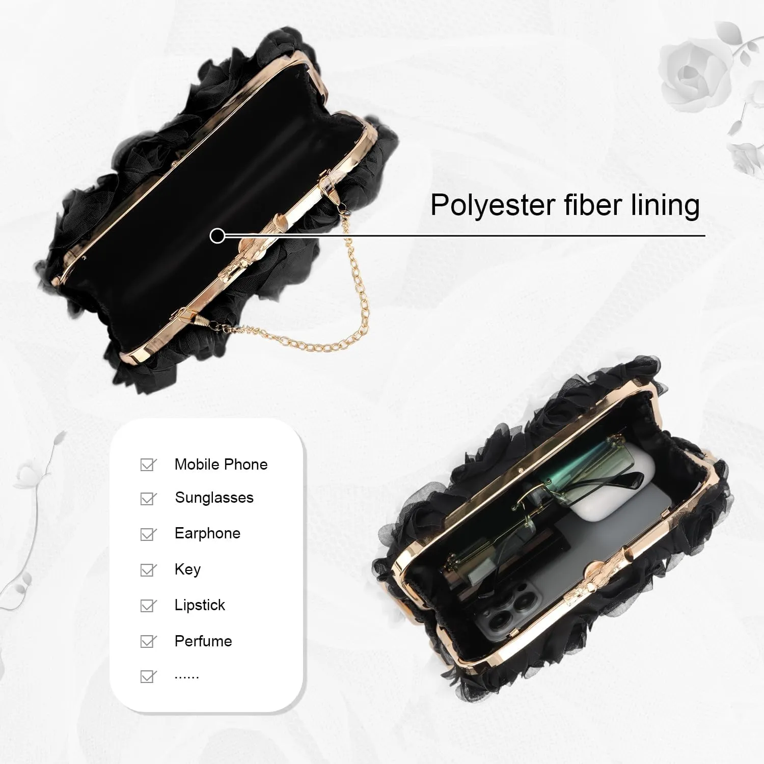 Women's Lace Floral Clutch Purses Formal Flower Evening Handbags with Chain for Wedding, Prom, Party