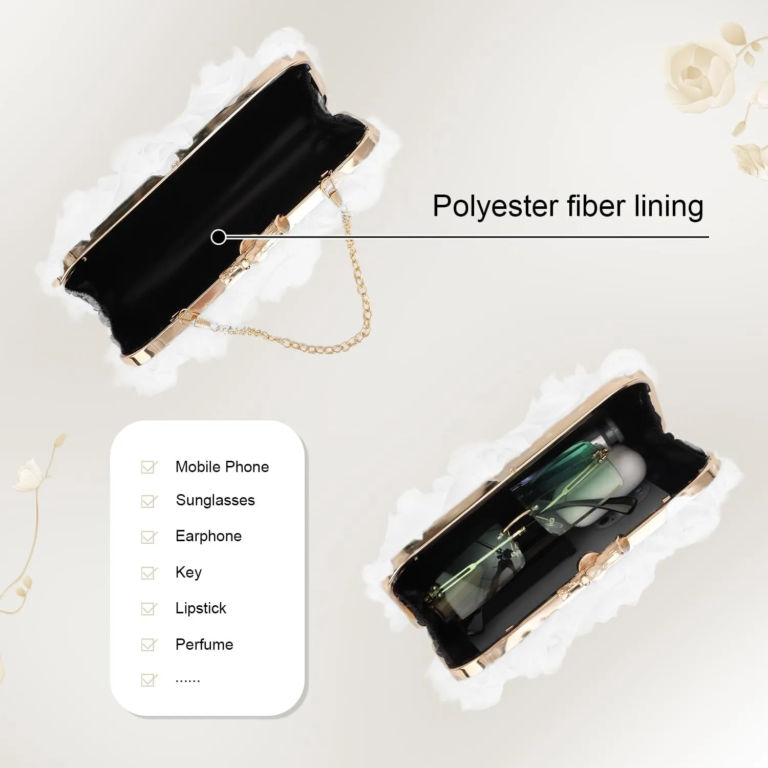 Women's Lace Floral Clutch Purses Formal Flower Evening Handbags with Chain for Wedding, Prom, Party
