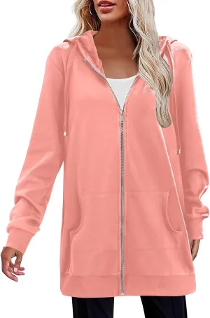Womens Long Fleece Zip Up Jacket 2024 Fall Casual,Oversized Hoodie Sleeve Sweatshirt with Pockets Winter Coats
