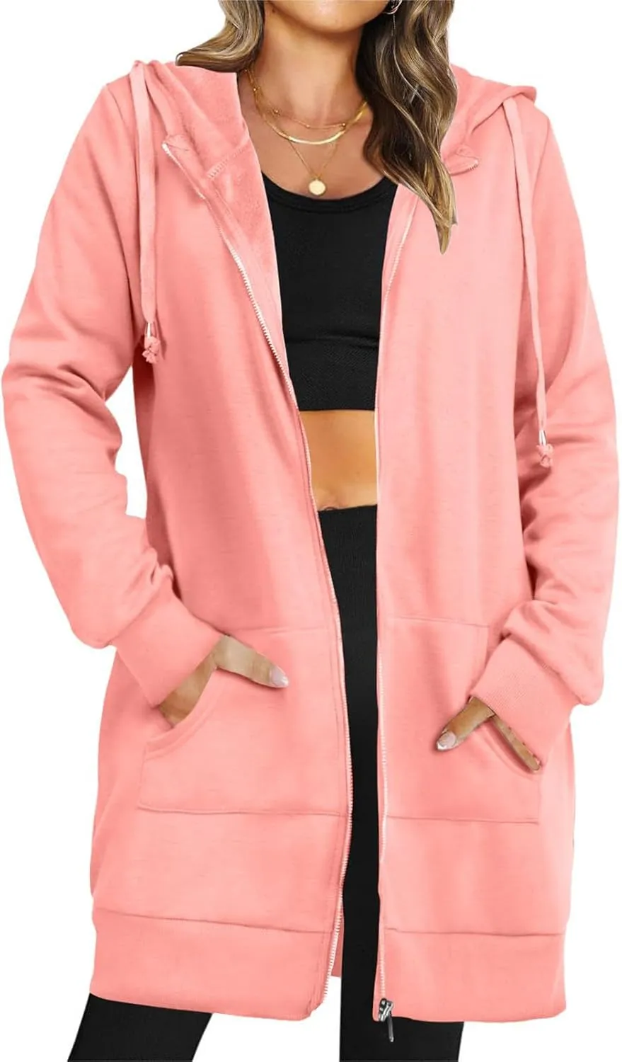 Womens Long Fleece Zip Up Jacket 2024 Fall Casual,Oversized Hoodie Sleeve Sweatshirt with Pockets Winter Coats