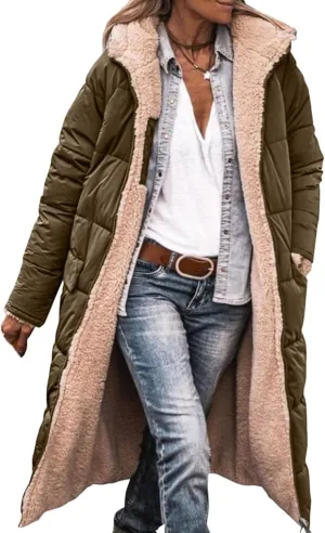 Womens Long Reversible Fleece Jacket Long Sleeve Jackets Zip Up Hoodie Pockets Warm Winter Coat Outerwear