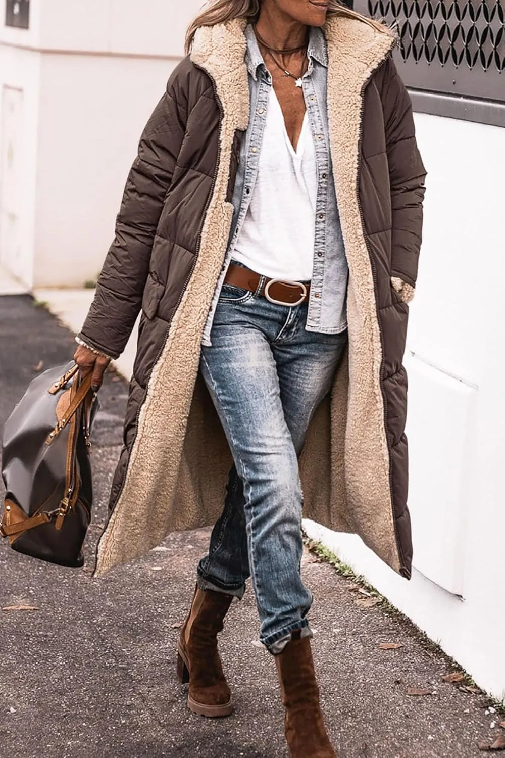Womens Long Reversible Fleece Jacket Long Sleeve Jackets Zip Up Hoodie Pockets Warm Winter Coat Outerwear