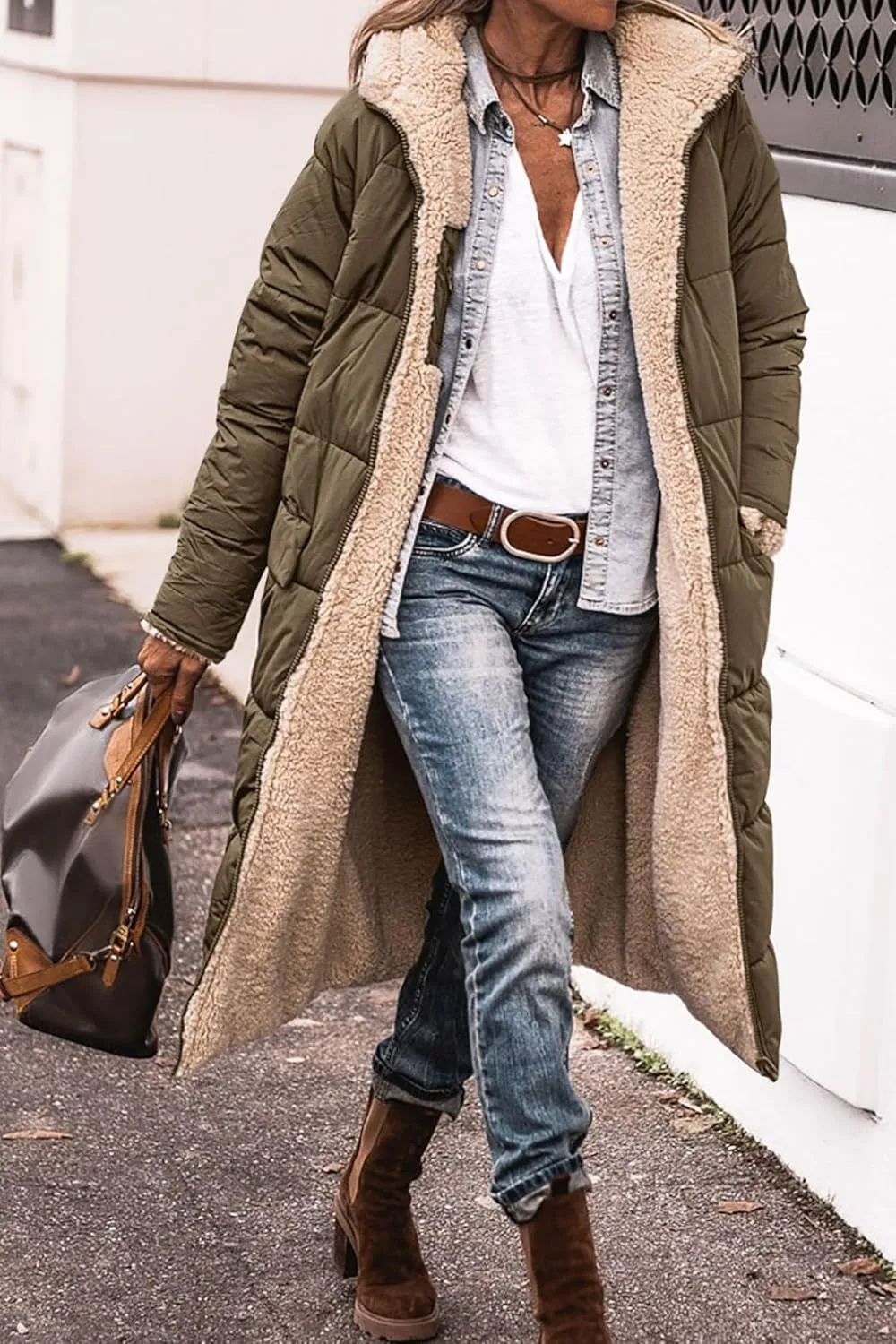 Womens Long Reversible Fleece Jacket Long Sleeve Jackets Zip Up Hoodie Pockets Warm Winter Coat Outerwear