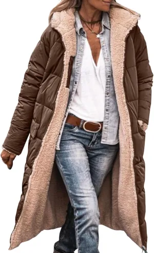 Womens Long Reversible Fleece Jacket Long Sleeve Jackets Zip Up Hoodie Pockets Warm Winter Coat Outerwear