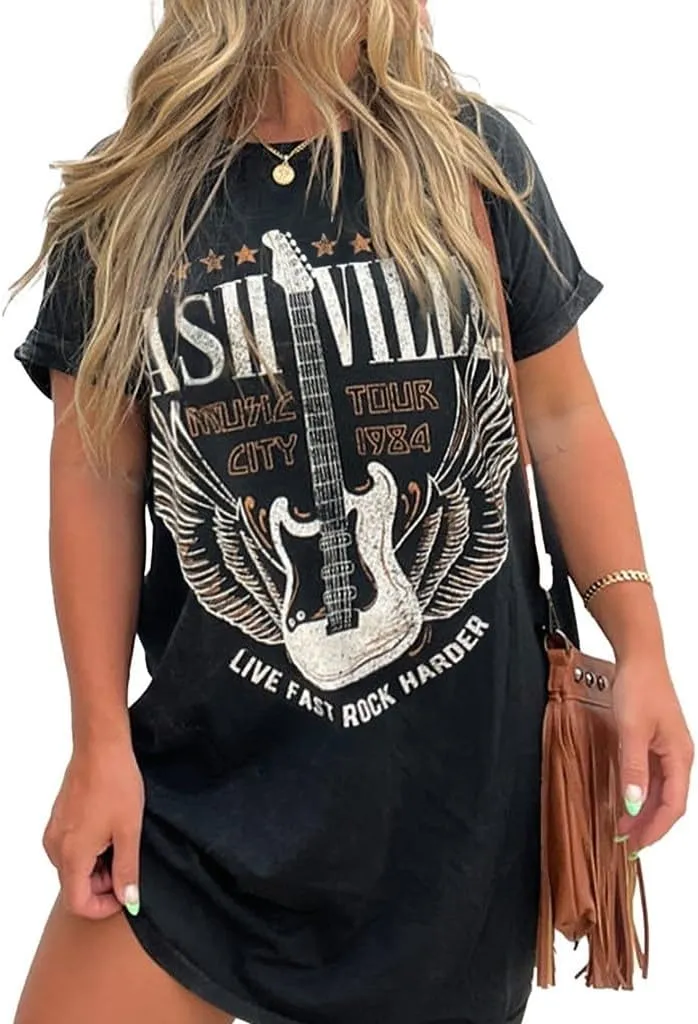 Womens Nashville Music City Mini Dress Loose Crew Neck Short Sleeve Vintage Guitar Wings Graphic Tshirt Dress