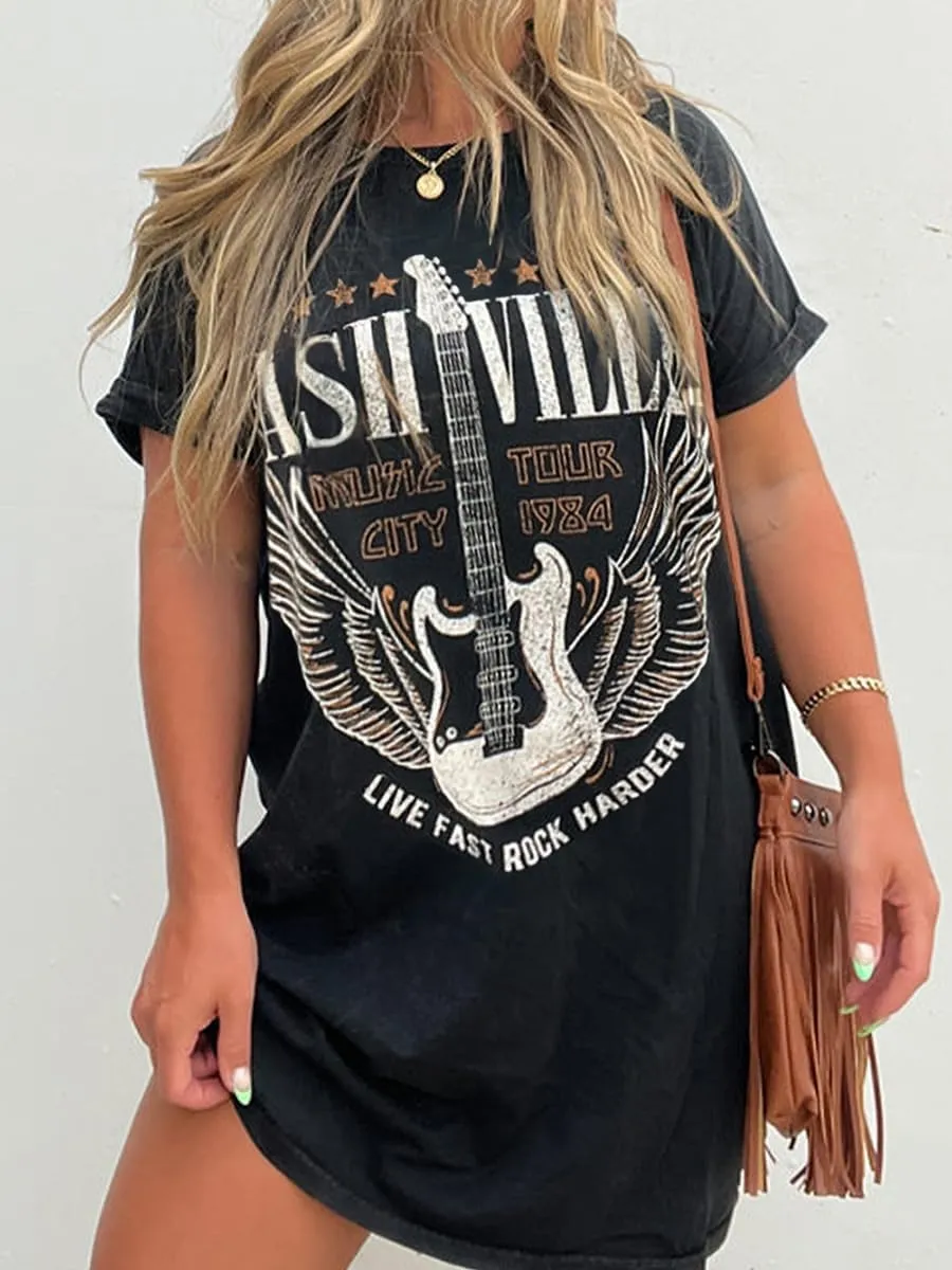 Womens Nashville Music City Mini Dress Loose Crew Neck Short Sleeve Vintage Guitar Wings Graphic Tshirt Dress