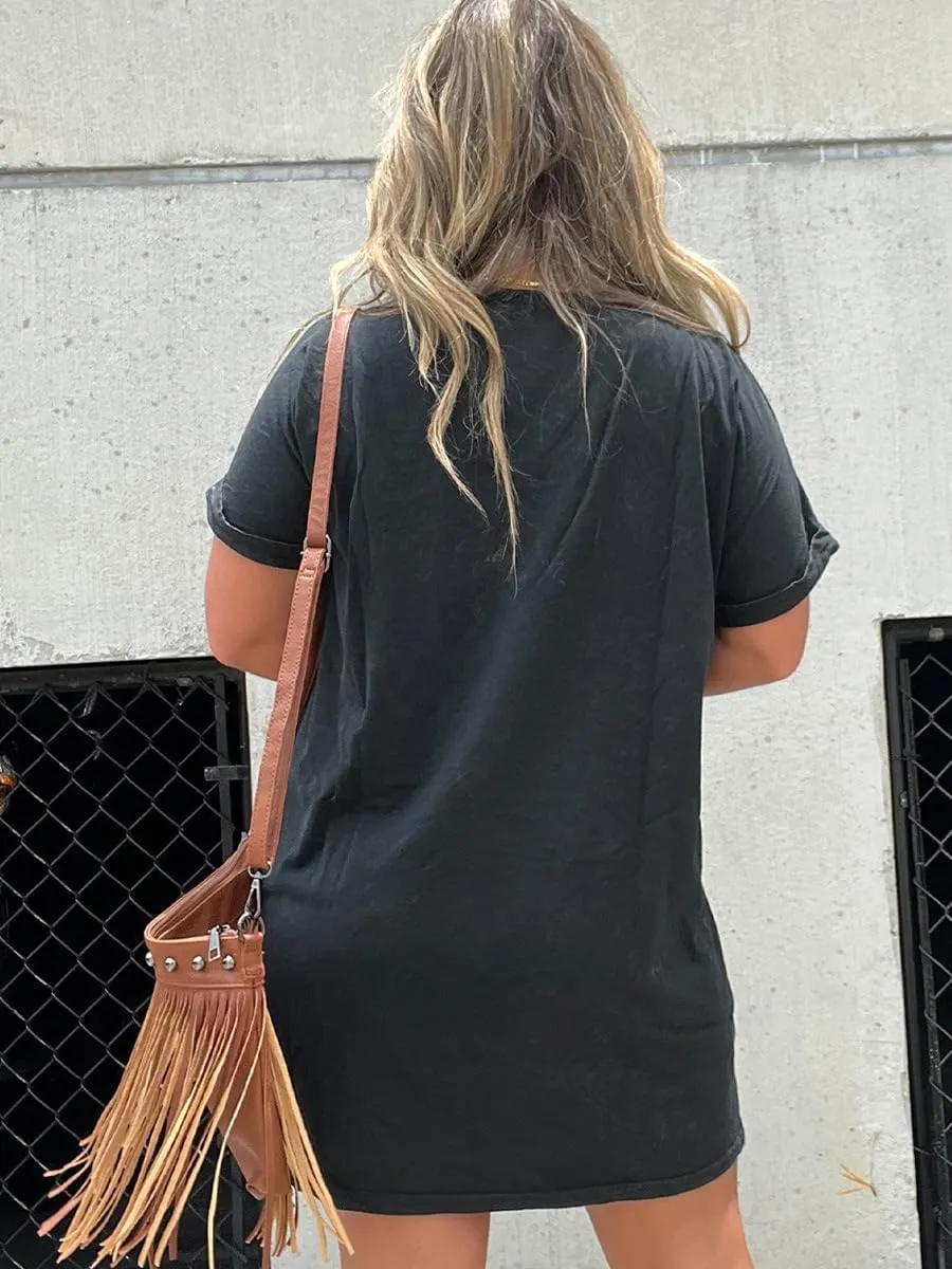 Womens Nashville Music City Mini Dress Loose Crew Neck Short Sleeve Vintage Guitar Wings Graphic Tshirt Dress