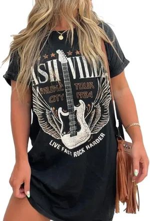 Womens Nashville Music City Mini Dress Loose Crew Neck Short Sleeve Vintage Guitar Wings Graphic Tshirt Dress