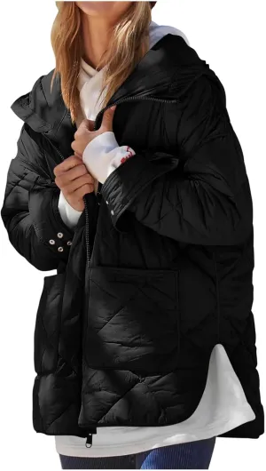 Women's Oversized Lightweight Down Coat Long Sleeve Side Slits Zip Short Puffer Jackets Outdoor Solid Quilted Jacket
