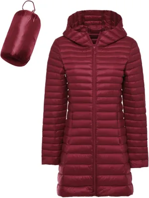 Womens Packable Long Puffer Jackets with Detachable Hood Lightweight Full Zip Winter Down Coats Warm Windproof Outwear