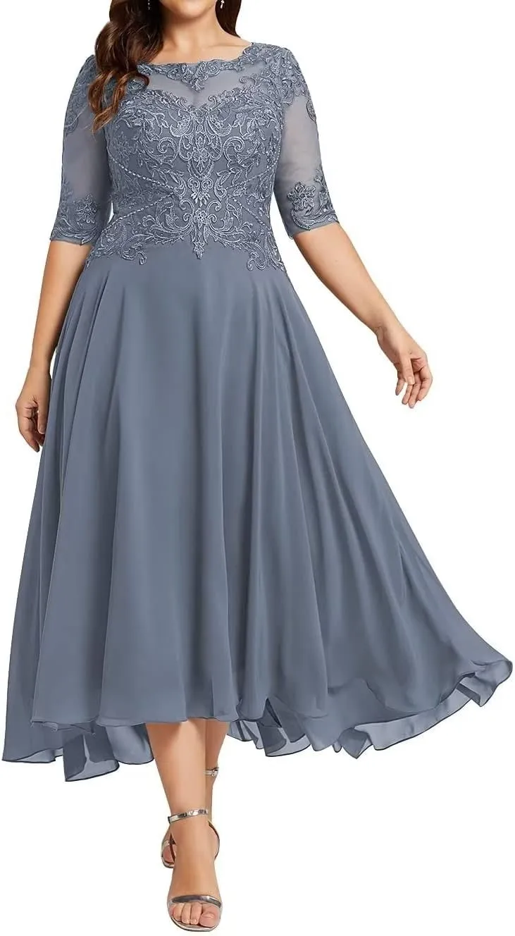 Women's Plus Size Mother of The Bride Dresses for Wedding Guest Tea Length Lace Formal Evening Dress with Sleeve