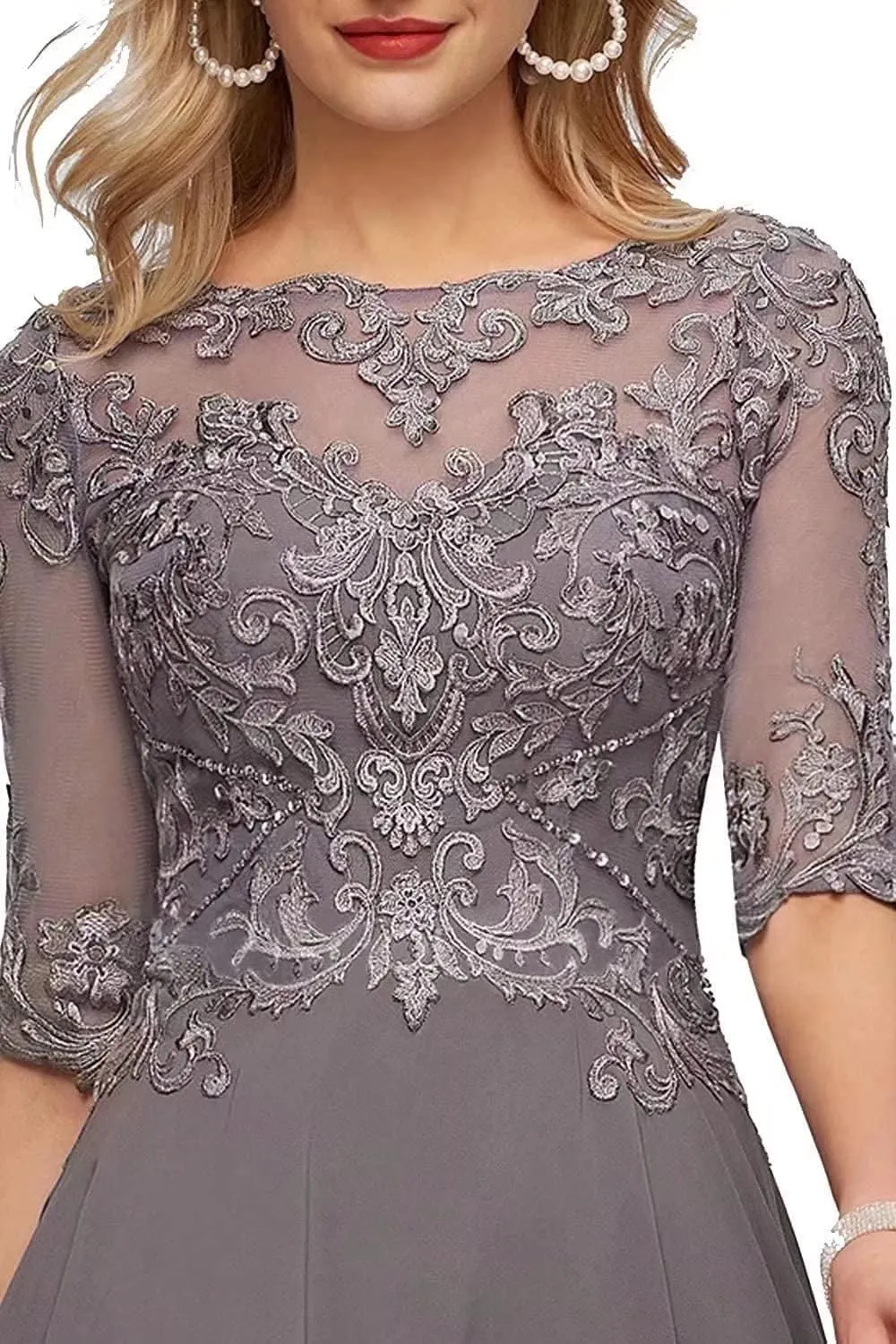 Women's Plus Size Mother of The Bride Dresses for Wedding Guest Tea Length Lace Formal Evening Dress with Sleeve