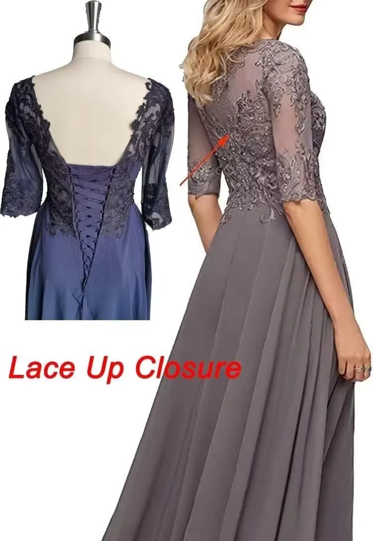 Women's Plus Size Mother of The Bride Dresses for Wedding Guest Tea Length Lace Formal Evening Dress with Sleeve