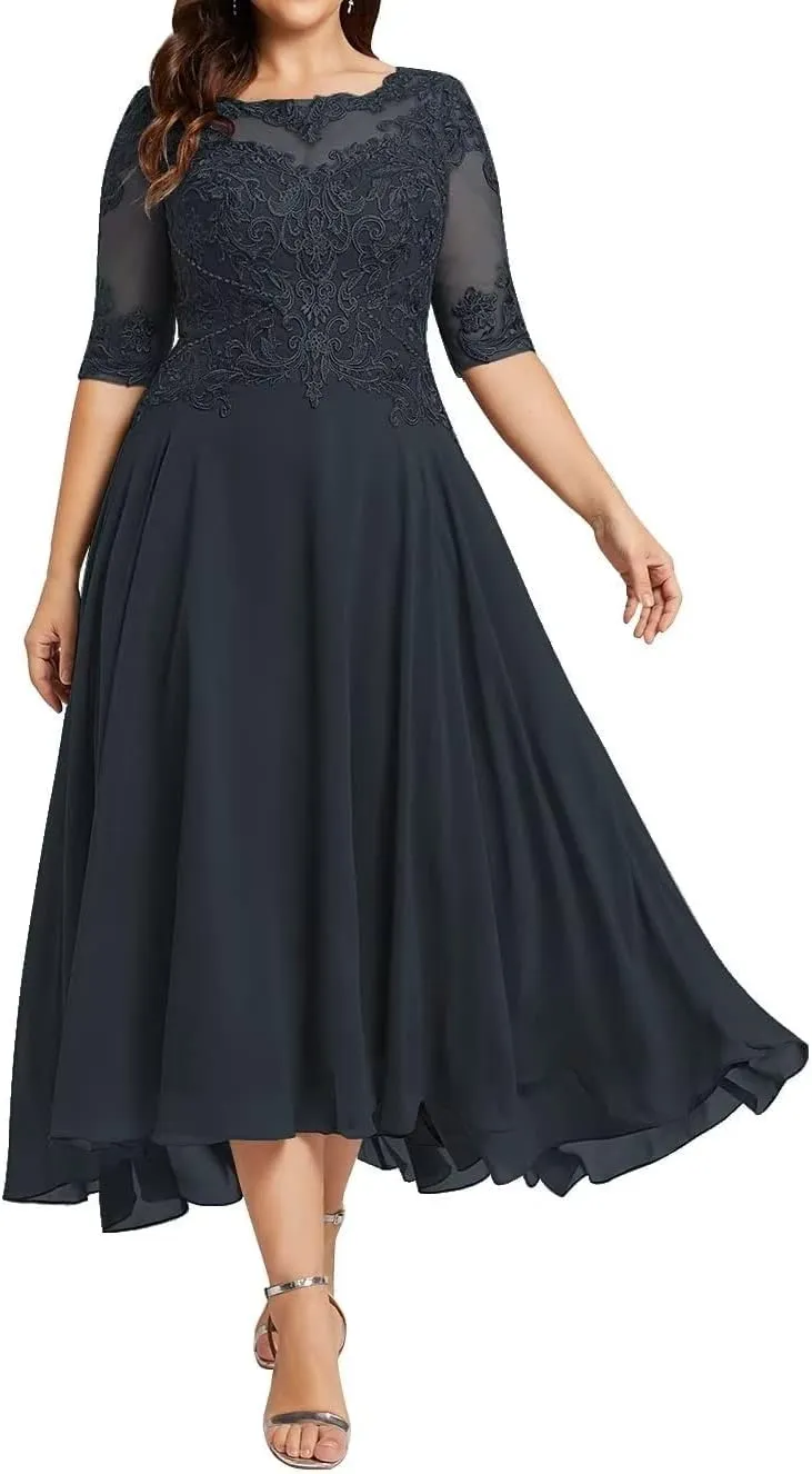 Women's Plus Size Mother of The Bride Dresses for Wedding Guest Tea Length Lace Formal Evening Dress with Sleeve