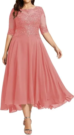 Women's Plus Size Mother of The Bride Dresses for Wedding Guest Tea Length Lace Formal Evening Dress with Sleeve