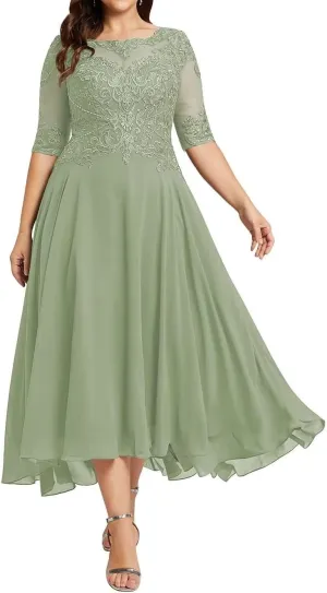 Women's Plus Size Mother of The Bride Dresses for Wedding Guest Tea Length Lace Formal Evening Dress with Sleeve