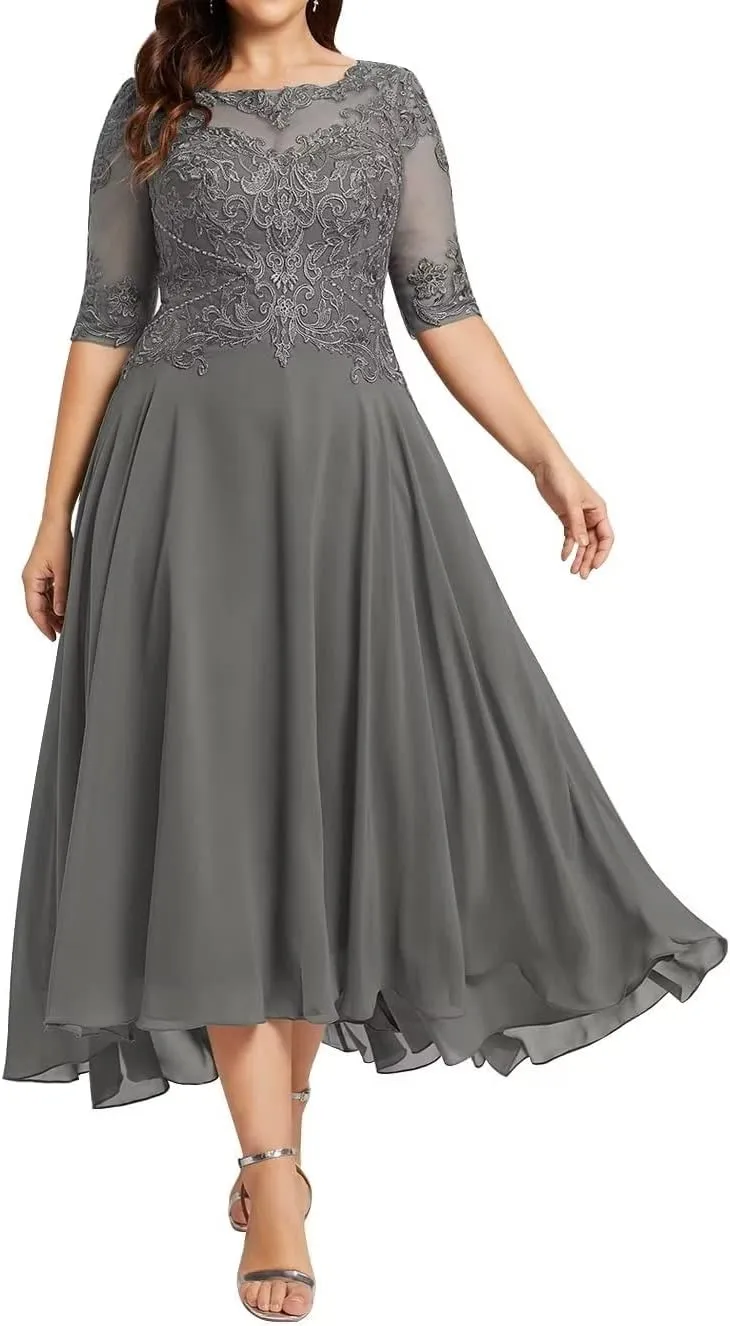 Women's Plus Size Mother of The Bride Dresses for Wedding Guest Tea Length Lace Formal Evening Dress with Sleeve