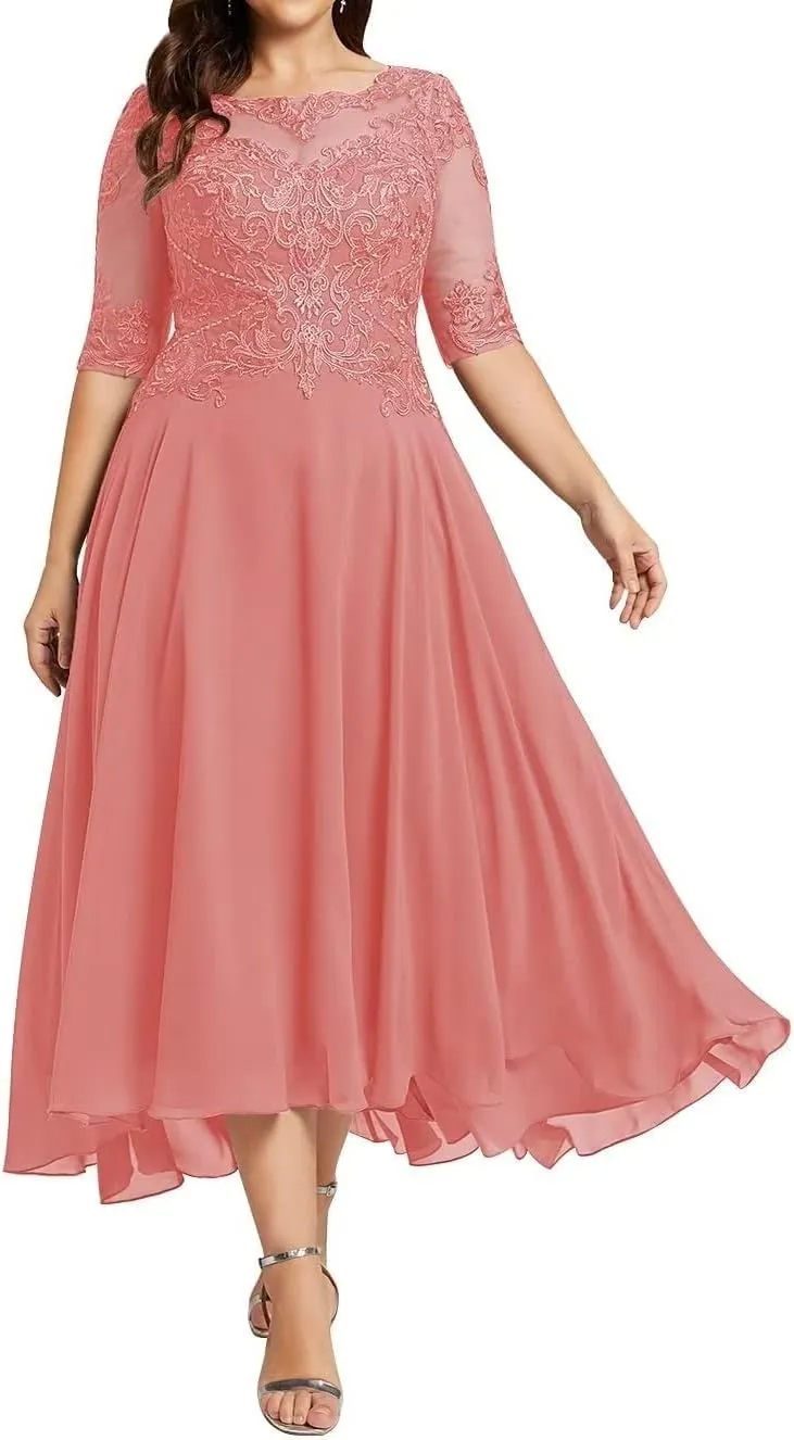 Women's Plus Size Mother of The Bride Dresses for Wedding Guest Tea Length Lace Formal Evening Dress with Sleeve