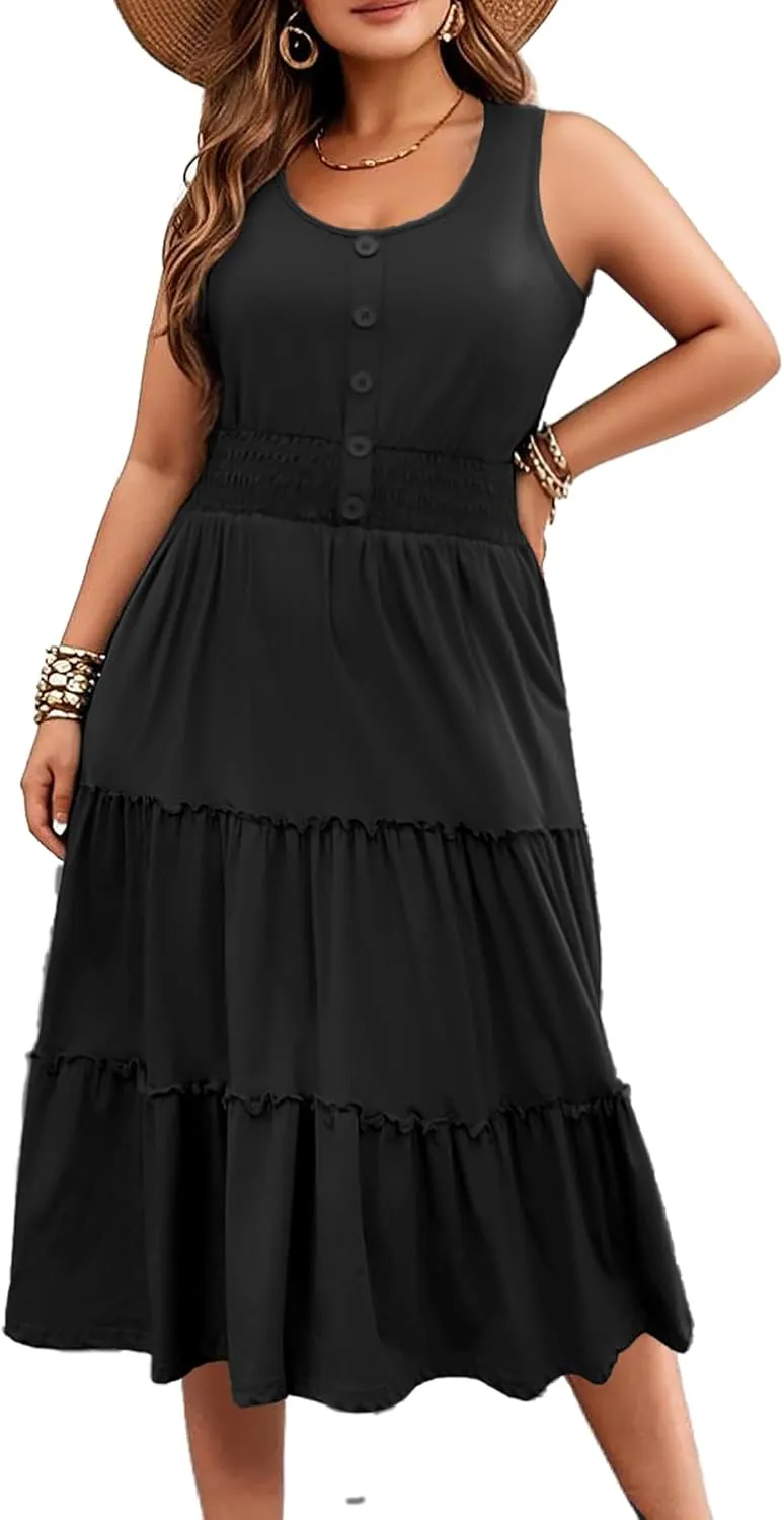 Womens Plus Size Sundresses Casual Midi Summer Flowy Smocked Button Sleeveless Tiered Empire Wasit Dress with Pockets