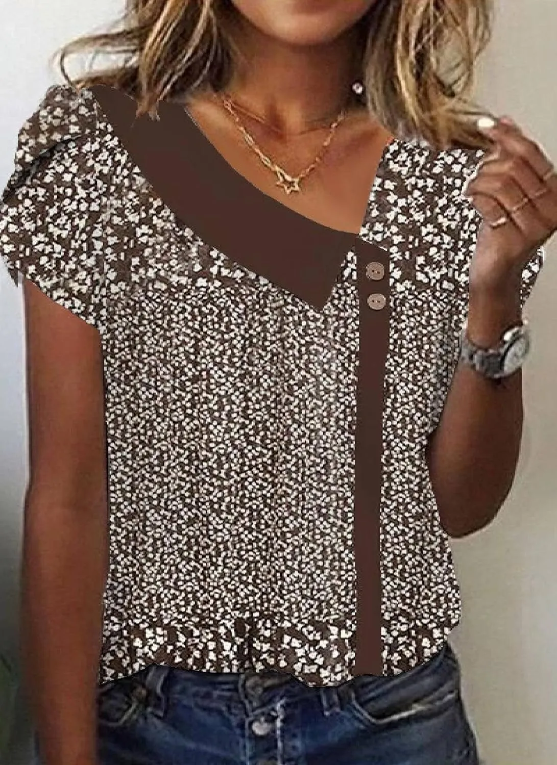 Women's Retro Brown Short Sleeve Top V Neck Floral Print Long Sleeve Blouses 2025 Floral Slant Collar T Shirts