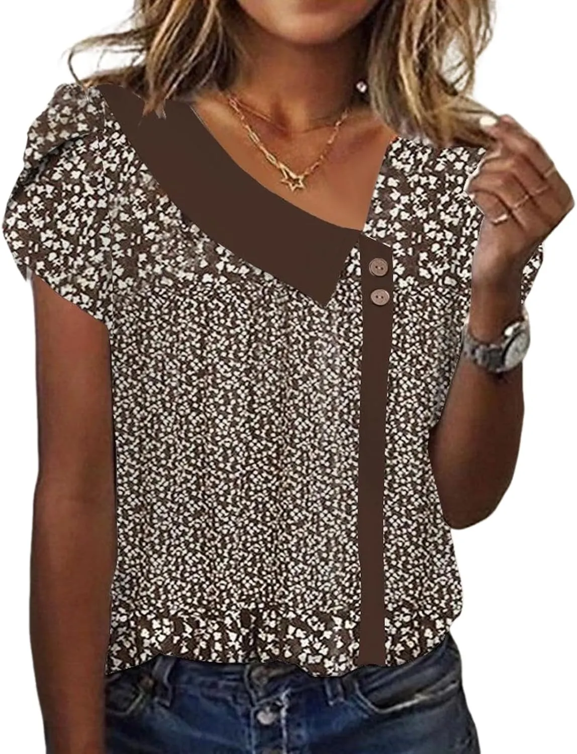 Women's Retro Brown Short Sleeve Top V Neck Floral Print Long Sleeve Blouses 2025 Floral Slant Collar T Shirts